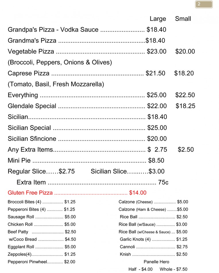 Menu Glendale Pizza