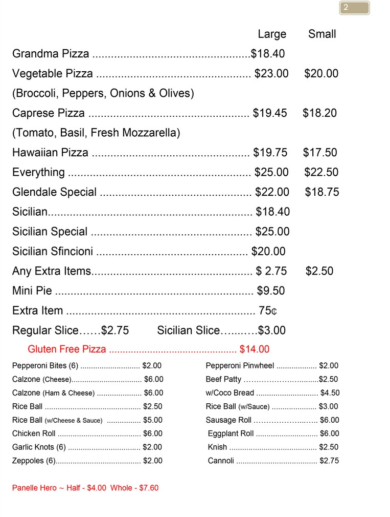 Menu Glendale Pizza